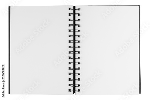 Blank open vertical spiral notebook with empty plain white sheets isolated on white background. Top view portrait sketchbook mockup template for art, drawing and drawing designs
