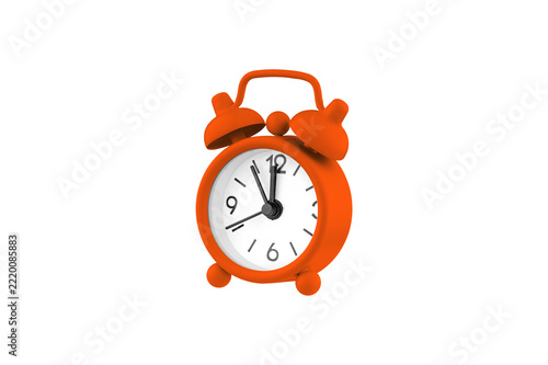 Classic mechanical alarm clock in vibrant Orange. Symbol of punctuality, time management, and deadlines. Professional studio shot of a morning wake-up tool isolated on white.