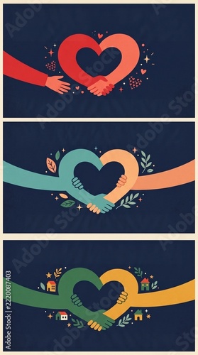 Two hands holding together forming a heart shape with floral leaves illustration