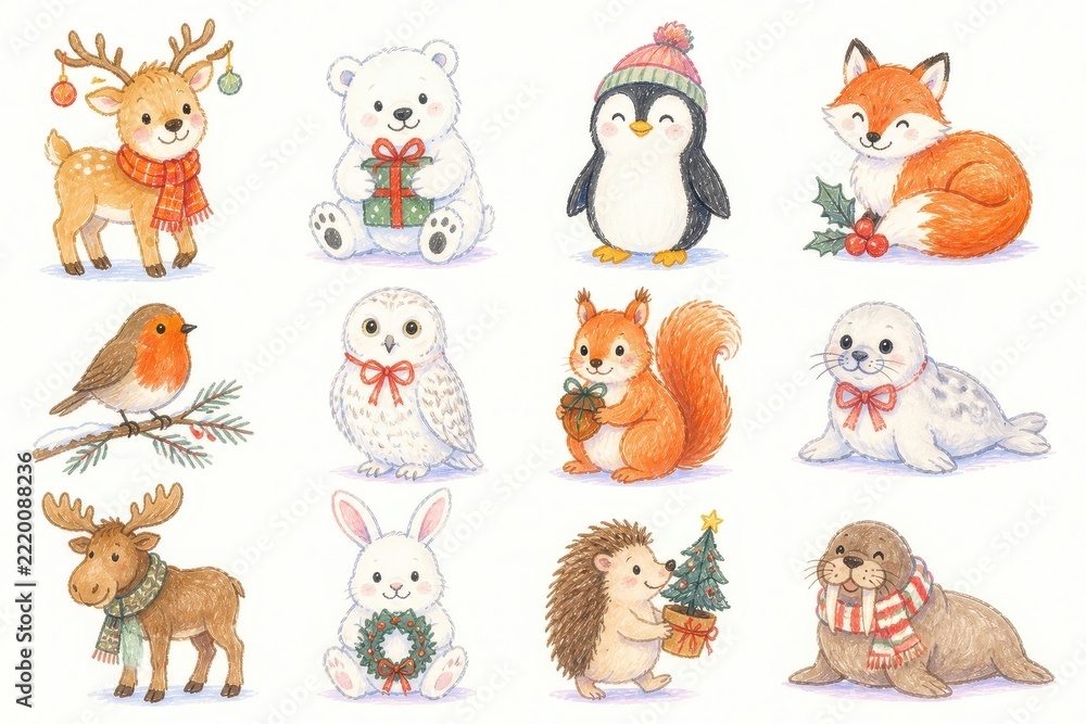Fototapeta premium Watercolor winter woodland animals collection with festive accessories