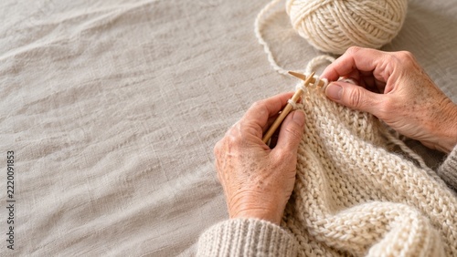 Hands knitting a soft cream scarf with wooden needles on a linen table