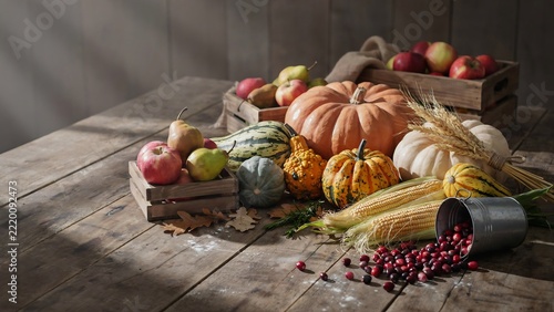 Rustic autumn harvest display featuring fresh pumpkins, gourds, corn, apples, and cranberries in wooden crates on a weathered wooden table surface, captured in soft natural indoor lighting