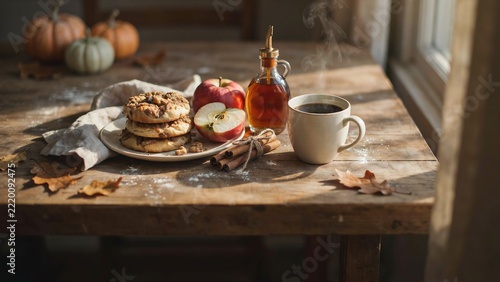 A cozy autumn morning scene on a rustic wooden table featuring a steaming mug of coffee, a plate of pastries, fresh apples, a bottle of syrup, and small pumpkins with soft window light and leaves