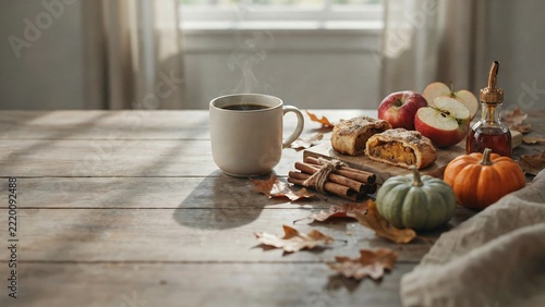 A rustic autumn table setting featuring a steaming mug of coffee, a plate of pastries, fresh apples, cinnamon sticks, and small pumpkins on a wooden surface with soft natural window light illumination