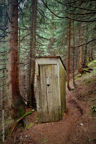 Rustic wooden outhouse toilet with heart shaped cutout in dense mountain forest