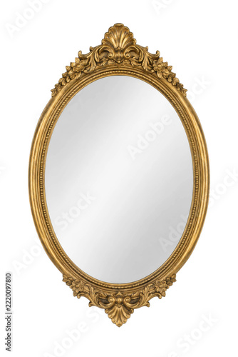 Ornate antique gold oval mirror with intricate floral carvings and a classic shell design at the top, isolated on a white background