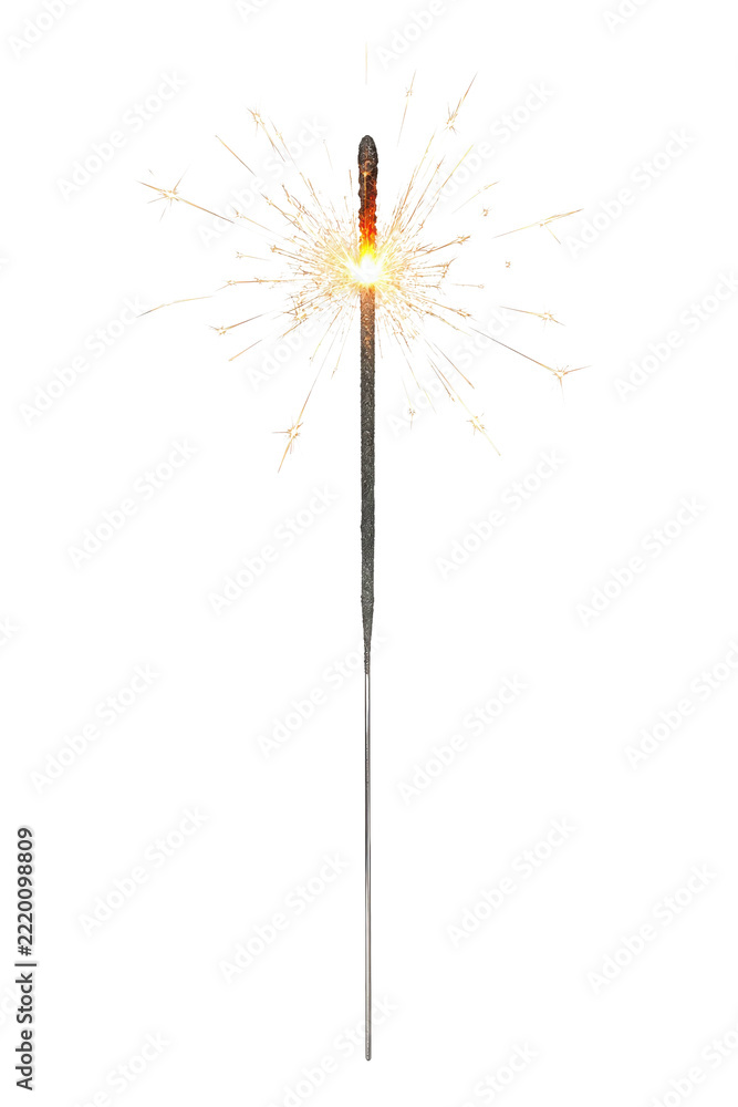 Fototapeta premium Single bright sparkler burning with golden light and radiating sparks on a clean white background