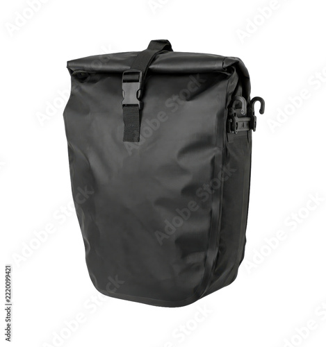 Black waterproof bicycle pannier bag with a roll-top closure and side hooks is presented on a clean white background