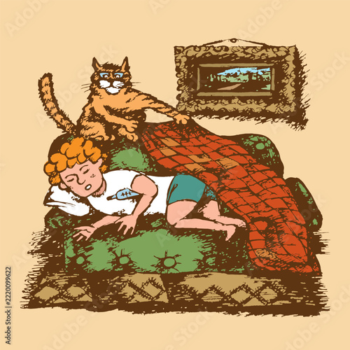 A cat covers its sick friend with a blanket. Multicolored sketch, rough outline. Vector illustration