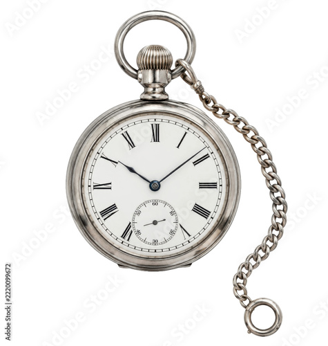 Elegant antique silver pocket watch with Roman numerals and a delicate chain, captured on a clean white background