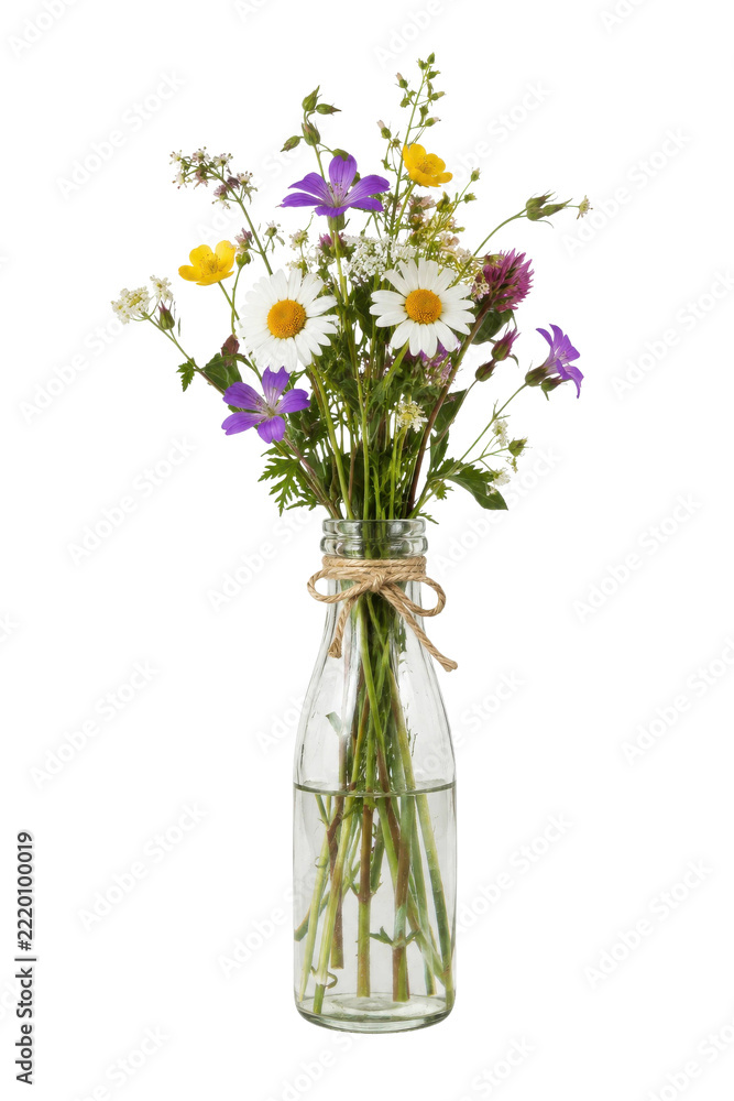 Fototapeta premium Freshly picked colorful wild flowers arranged in a clear glass bottle with a rustic twine bow, isolated on a white background