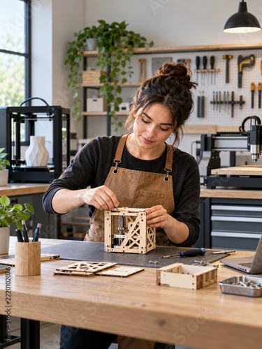 Maker assembling a wooden mechanical prototype in a modern creative space