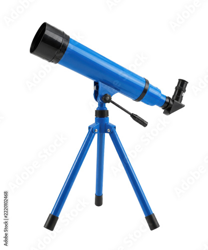 Fotografie Bright blue refractor telescope with a black eyepiece and tripod stands angled o
