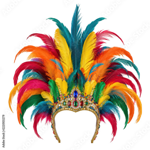 Obraz na plátně Vibrant feathered carnival headdress with colorful plumes and sparkling jewels,