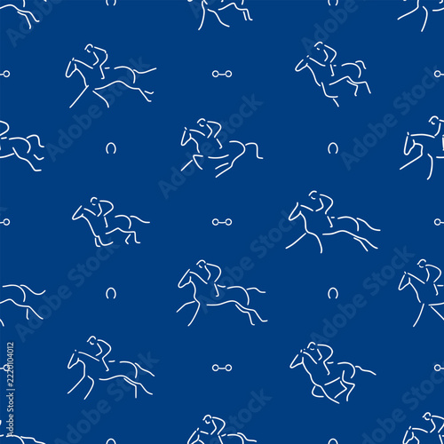 Minimalist line drawings of racing horses, jockeys, horse bits and horseshoes, seamless pattern