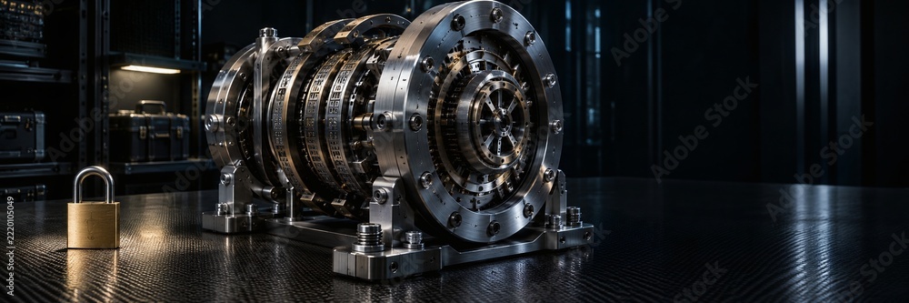 Fototapeta premium Electromechanical rotary cipher machine rotor assembly showing stepped brass contact pins wiring disks and mechanical ratchets on vintage restoration workbench