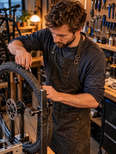 Bicycle mechanic working on a wheel in a warmly illuminated repair workshop
