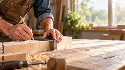 Closeup of carpenter hands marking timber with a pencil and square