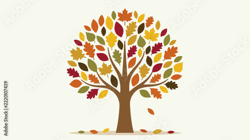 Autumn landscape with mountains trees and falling leaves flat vector illustration.