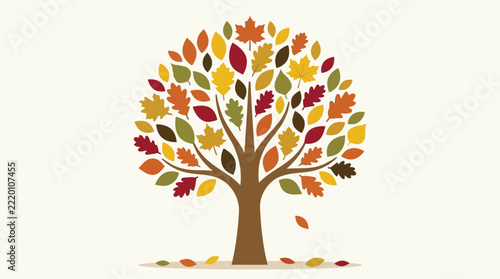 Autumn landscape with mountains trees and falling leaves flat vector illustration.