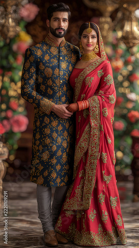 A young South Asian couple stands hand in hand in richly embroidered wedding attire, with deep navy and rose-red fabrics glowing against a lush, colorful floral backdrop.