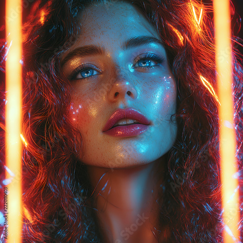 Close-up portrait of a young woman with dark, wet curls and freckles, gazing upward in dreamy cyan light edged by fiery orange neon.