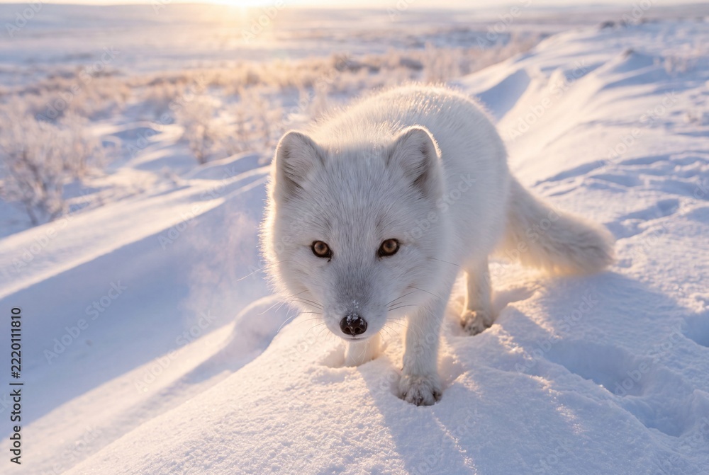 Fototapeta premium Arctic Fox Walking in Snow During Winter Sunset Golden Hour