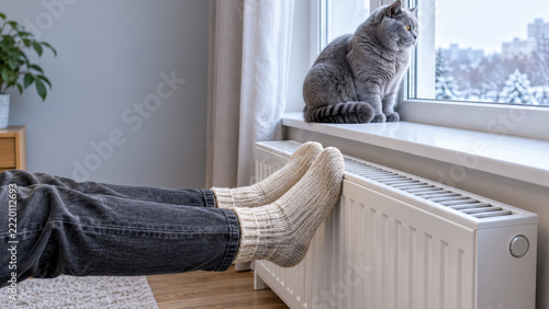 British Shorthair cat by winter window above radiator as person warms feet in wool socks at home during cold heating season.