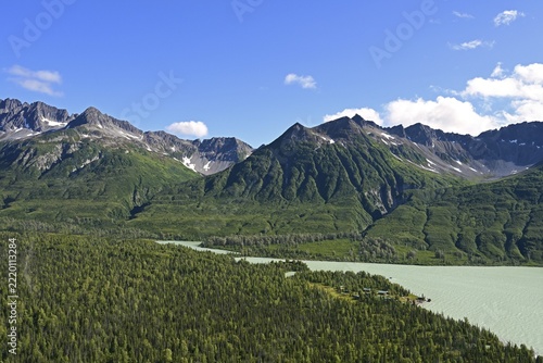 Crescent Lake outlet with Redoubt Mountain Lodge, Lake Clark National Park, Alaska