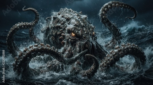 Giant monster octopus emerging from stormy ocean waves