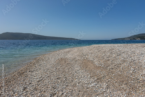 Agios Dimitrios, white pebbled beach, located on the eastern side of Alonnisos, Greece