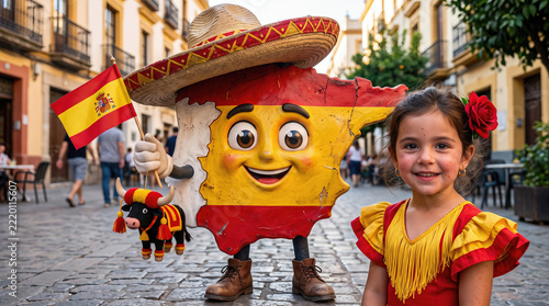 Spanish Map Cartoon Character and Little Girl in Traditional Flamenco Dress on Street