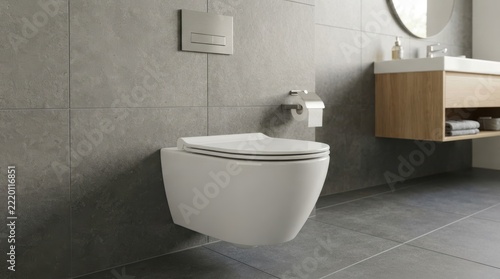 Modern white wall-hung toilet in a contemporary grey tile bathroom
