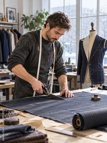 Tailor cutting dark patterned fabric in a bright winter tailoring studio