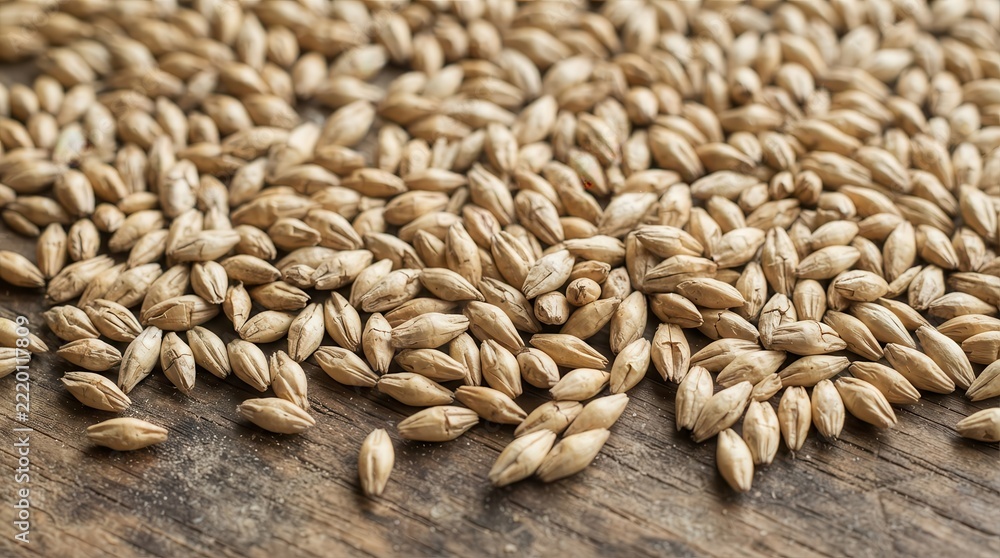 Fototapeta premium Barley grains scattered on a rustic wooden table