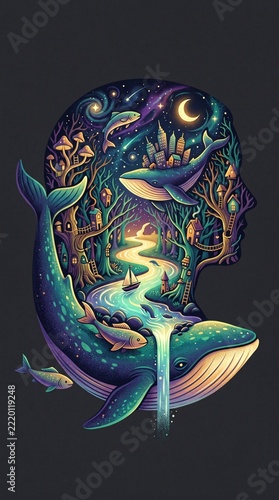 Surreal fantasy landscape vector illustration with flying whale magical tree and full moon artwork