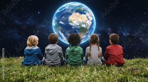 Children looking at planet Earth in space