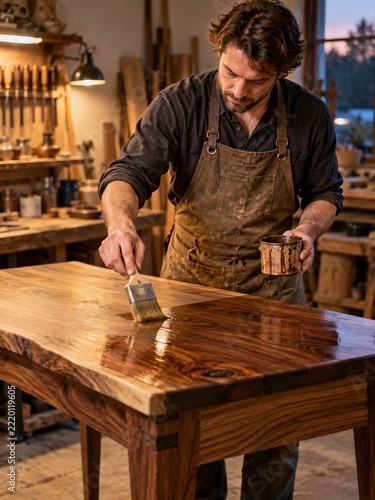 Artisan brushing a glossy finish onto a wooden table in a warm evening workshop