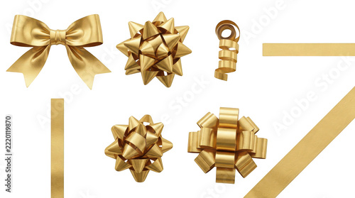 Set of gold gift bows and ribbons isolated on transparent background
