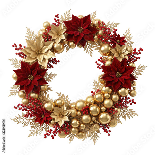 Christmas wreath with red poinsettia flowers, gold baubles, and berries isolated on transparent background