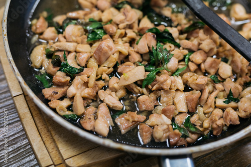 Traditional Thai Pad Kra Pao chicken stir-fried with holy basil