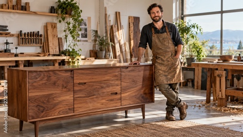Furniture maker standing beside a finished wooden sideboard in his workshop