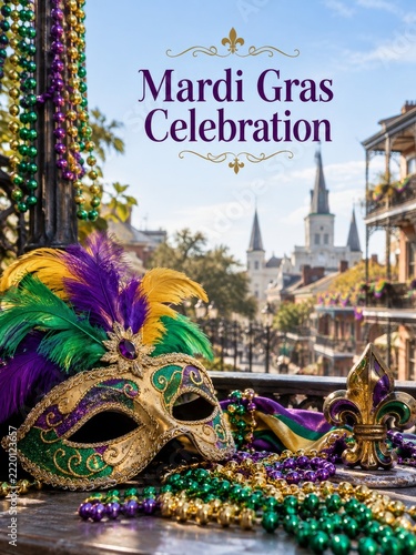 Feathered carnival mask and beads beneath a Mardi Gras celebration headline