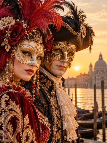 Ornate masked carnival couple in red and black costumes at sunset