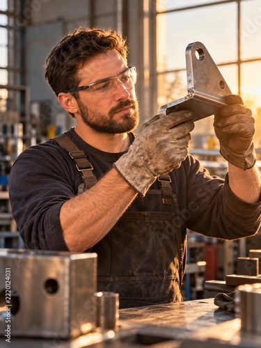 Metalworker checking a fabricated steel bracket in warm golden window light