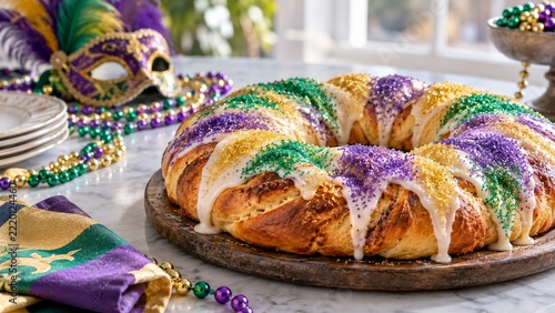 Iced king cake with purple green and gold sugar on a bright festive table