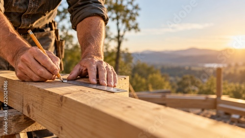 Carpenter hands marking a timber beam outdoors in warm afternoon light