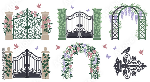 Ornate garden gates and floral arches decorative elements.