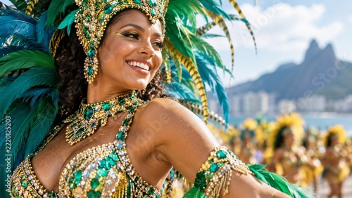 Carnival dancer in a green feathered costume against a blurred coastal view