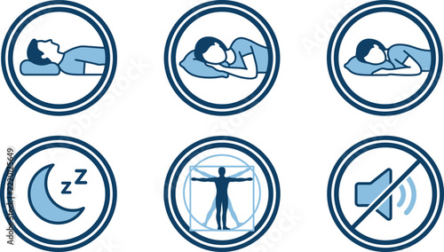 Sleeping Postures and Orthopedic Bedding Icons Vector Set Back Sleeper Side Sleeper Stomach Sleeper Crescent Moon Zzz Vitruvian Man Ergonomics and No Noise Mute Clipart
